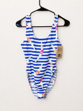 Vintage Danskin Swimsuit Blue White Striped Neon Abstract Print NWT Retro